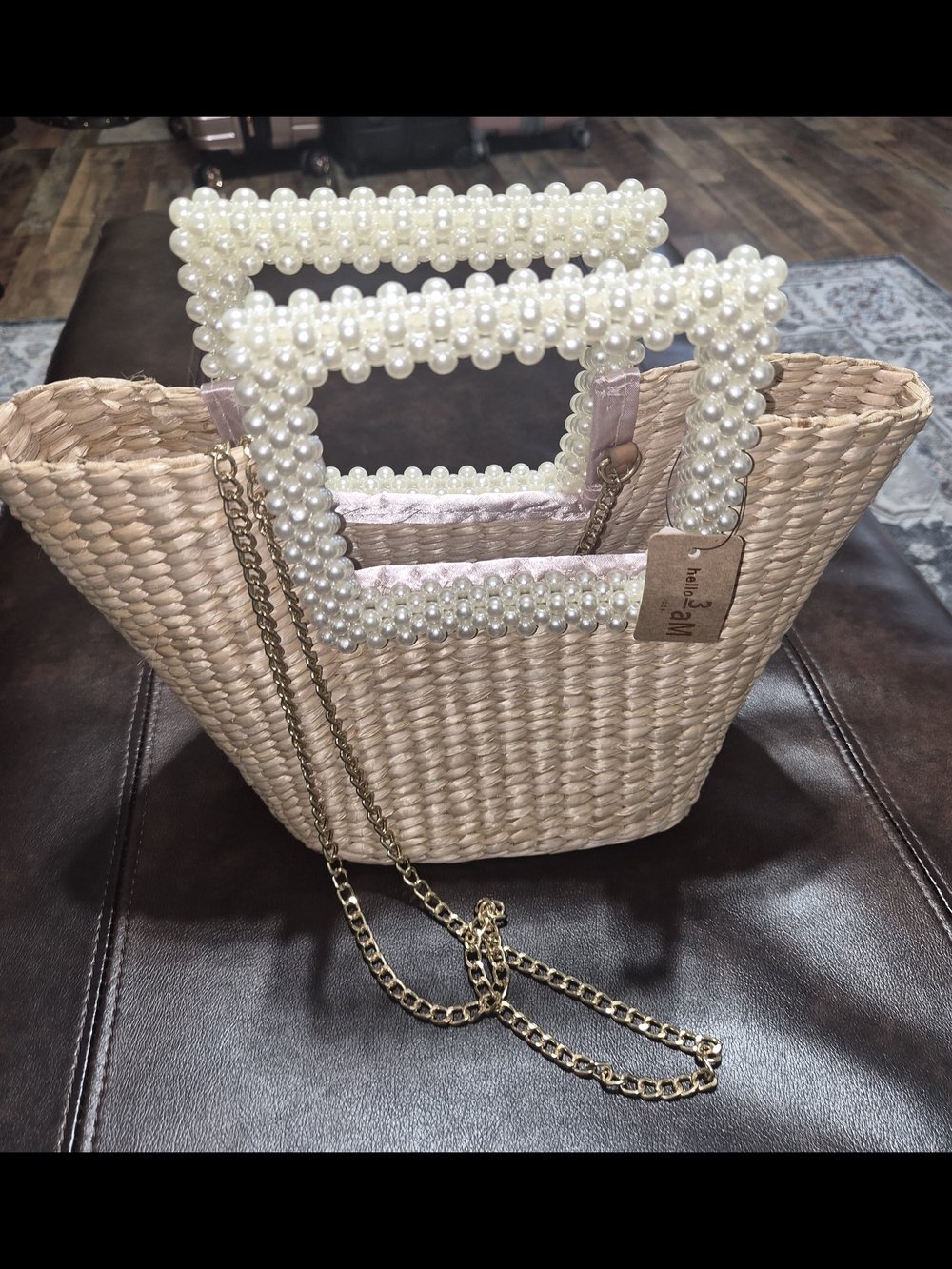 Pearl-Handle Woven Straw Tote Bag - Pink Trim